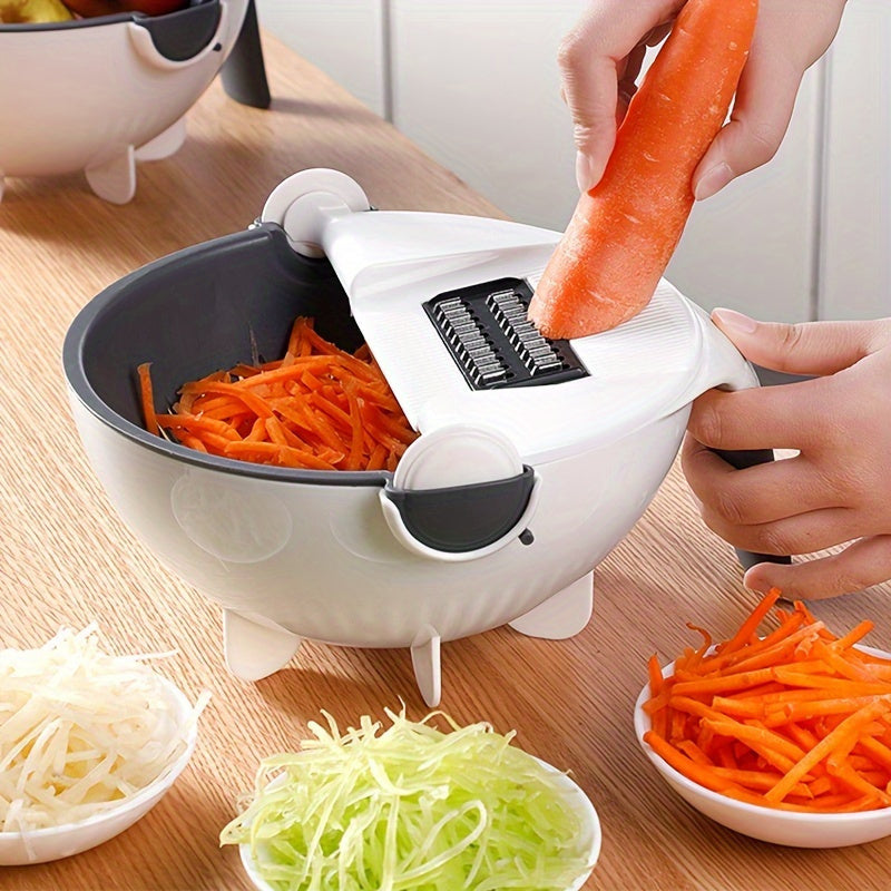 Multifunctional vegetable cutter with draining basket, made of uncharged PC material.