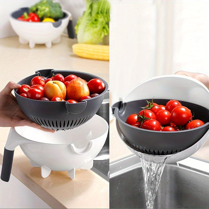 Multifunctional vegetable cutter with draining basket, made of uncharged PC material.