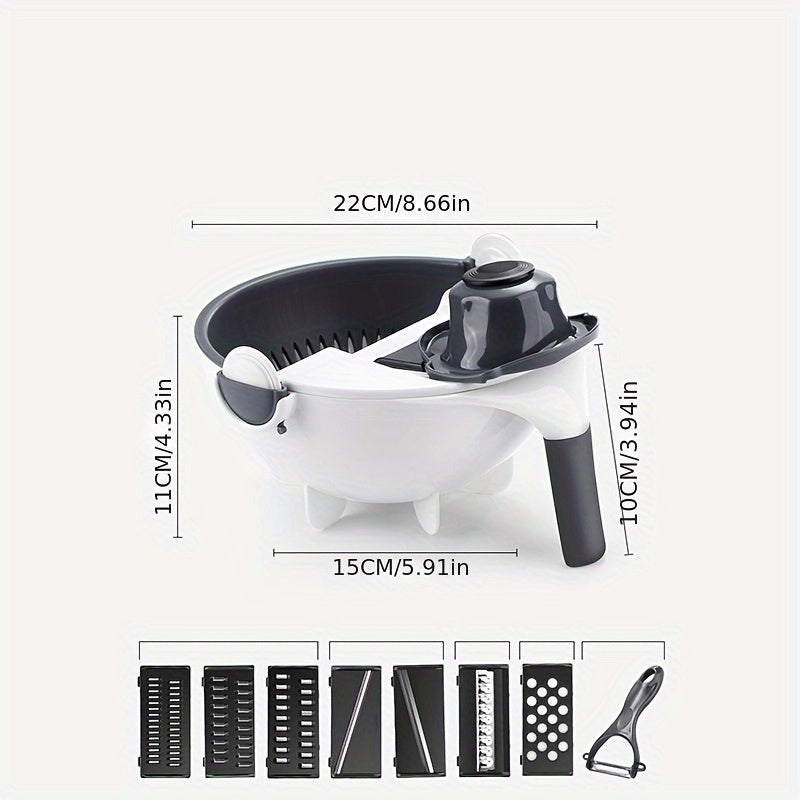 Multifunctional vegetable cutter with draining basket, made of uncharged PC material.