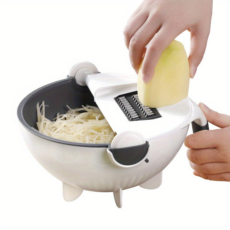 Multifunctional vegetable cutter with draining basket, made of uncharged PC material.