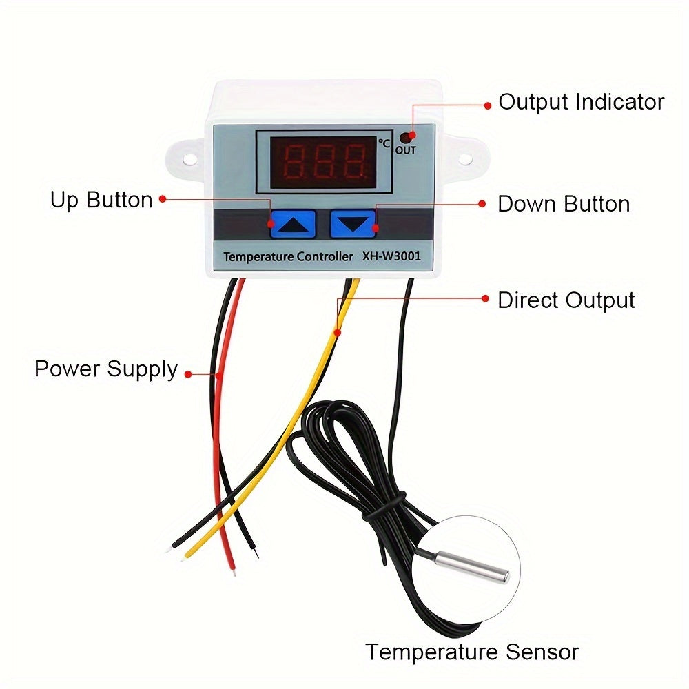 XH-W3001 Digital LED Temperature Controller with LCD Display, Up/Down Buttons, 110V/220V for industrial use, White & Gray design.