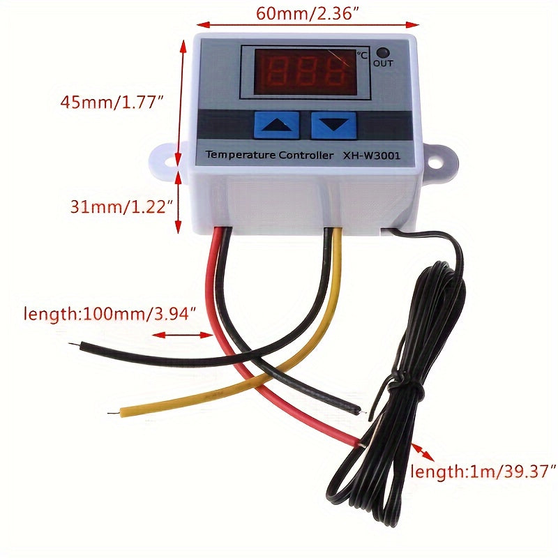 XH-W3001 Digital LED Temperature Controller with LCD Display, Up/Down Buttons, 110V/220V for industrial use, White & Gray design.