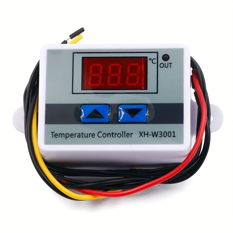 XH-W3001 Digital LED Temperature Controller with LCD Display, Up/Down Buttons, 110V/220V for industrial use, White & Gray design.