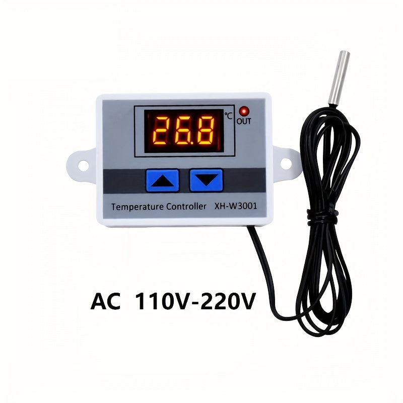 XH-W3001 Digital LED Temperature Controller with LCD Display, Up/Down Buttons, 110V/220V for industrial use, White & Gray design.