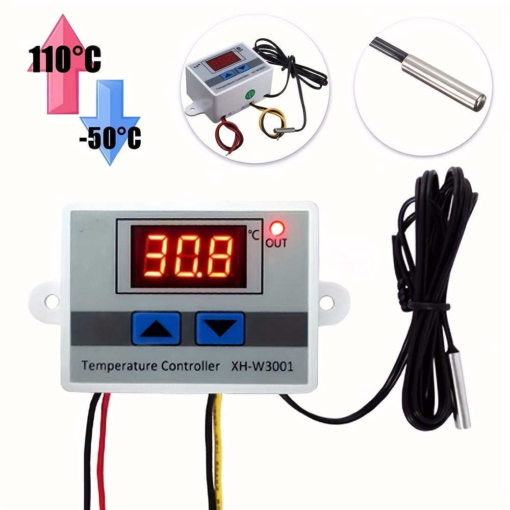 XH-W3001 Digital LED Temperature Controller with LCD Display, Up/Down Buttons, 110V/220V for industrial use, White & Gray design.