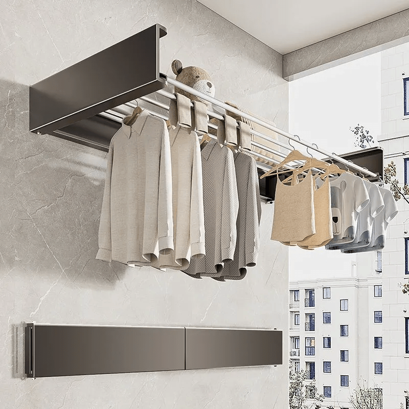 Space-Saving Metal Clothes Drying Rack: A versatile wall-mounted solution with an extendable towel bar, capable of holding up to 27.22KG. Perfect for organizing your bedroom, bathroom, closet, or wardrobe. Can also be used as a towel rack or clothesline.