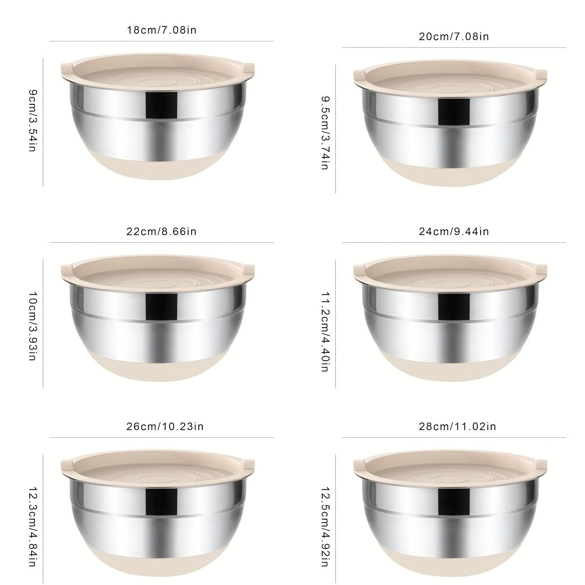 6-piece Stainless Steel Mixing Bowl Set with airtight lids, 3 grater attachments, non-slip base, and multipurpose kitchen essentials for mixing, serving, and baking.