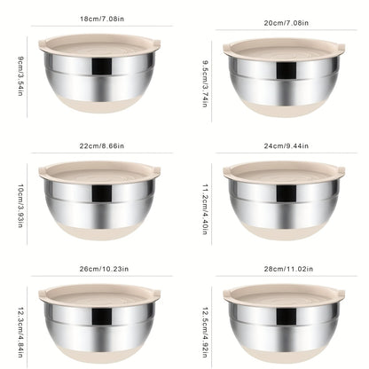 6-piece Stainless Steel Mixing Bowl Set with airtight lids, 3 grater attachments, non-slip base, and multipurpose kitchen essentials for mixing, serving, and baking.