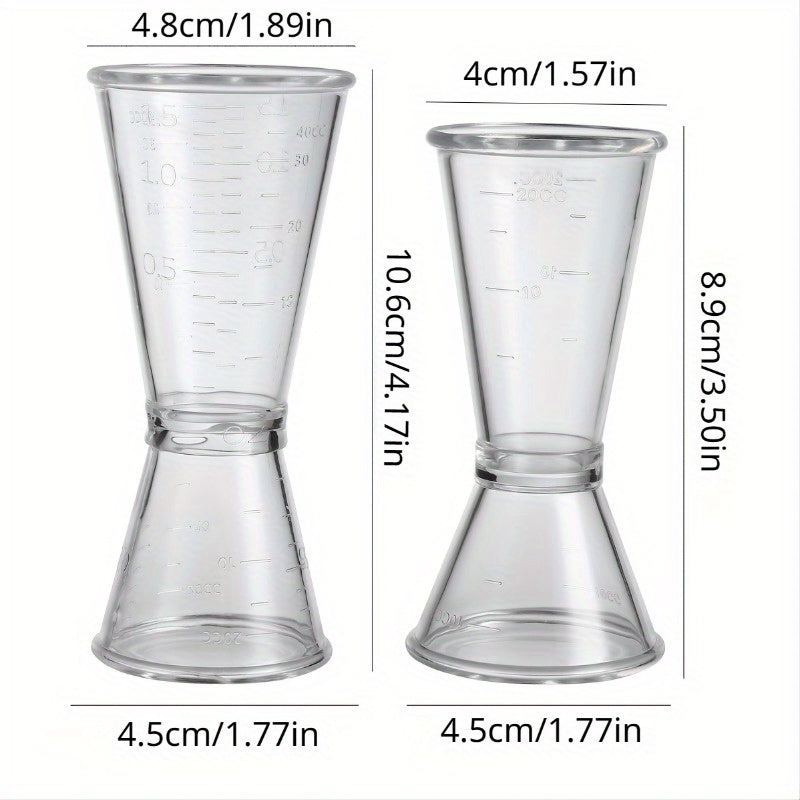 2 double-headed bar measuring cups for accurate cocktail mixing at home or professionally, made of clear plastic.