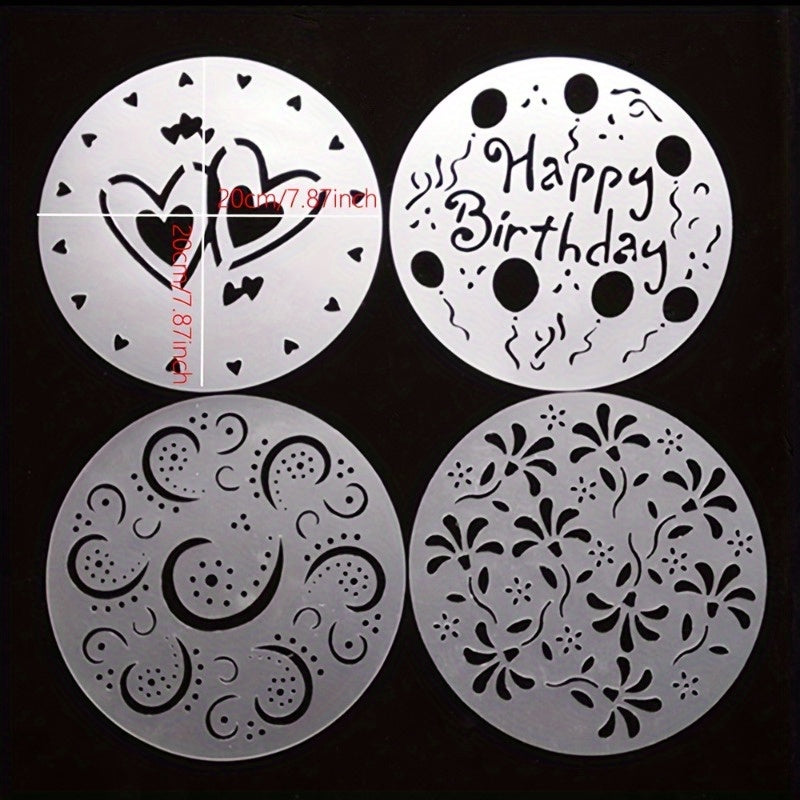 Set of 4 Cake Top Stencils - Stylish Plastic Molds with Heart, Flower & Swirl Patterns, Safe for Food Use, Featuring "Happy Birthday" & Balloon Designs, Ideal for Celebratory Baking, Comes in OPP Bag Packaging, Essential Cake Decorating Tools.