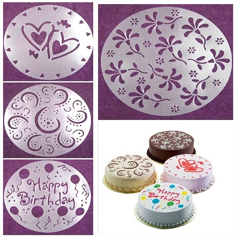 Set of 4 Cake Top Stencils - Stylish Plastic Molds with Heart, Flower & Swirl Patterns, Safe for Food Use, Featuring "Happy Birthday" & Balloon Designs, Ideal for Celebratory Baking, Comes in OPP Bag Packaging, Essential Cake Decorating Tools.