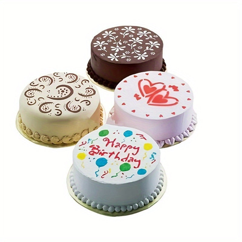 Set of 4 Cake Top Stencils - Stylish Plastic Molds with Heart, Flower & Swirl Patterns, Safe for Food Use, Featuring "Happy Birthday" & Balloon Designs, Ideal for Celebratory Baking, Comes in OPP Bag Packaging, Essential Cake Decorating Tools.