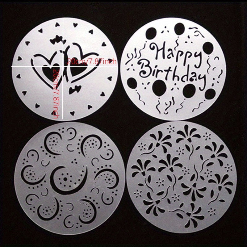 Set of 4 Cake Top Stencils - Stylish Plastic Molds with Heart, Flower & Swirl Patterns, Safe for Food Use, Featuring "Happy Birthday" & Balloon Designs, Ideal for Celebratory Baking, Comes in OPP Bag Packaging, Essential Cake Decorating Tools.