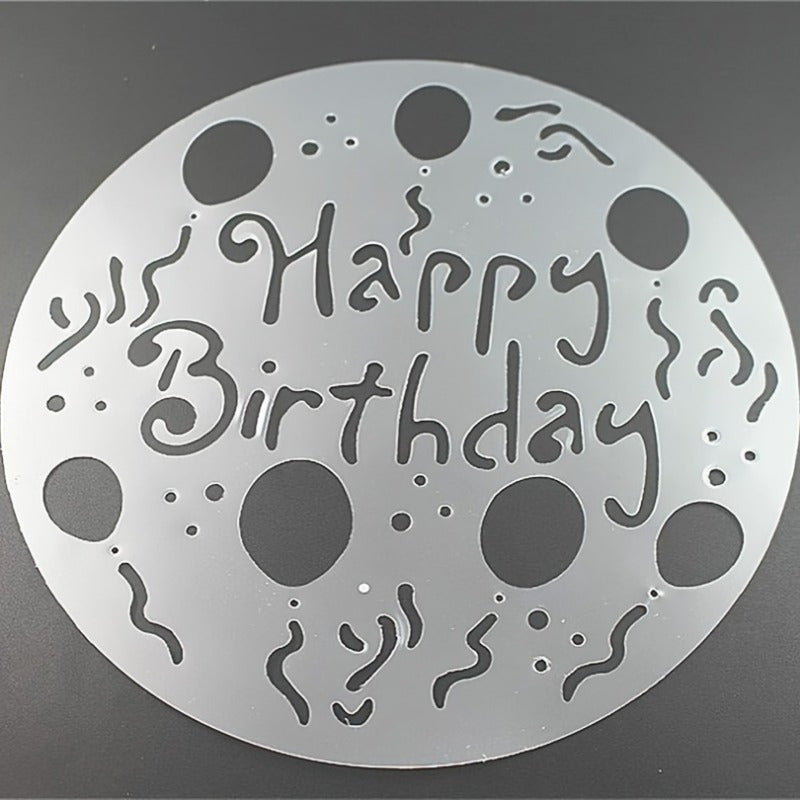 Set of 4 Cake Top Stencils - Stylish Plastic Molds with Heart, Flower & Swirl Patterns, Safe for Food Use, Featuring "Happy Birthday" & Balloon Designs, Ideal for Celebratory Baking, Comes in OPP Bag Packaging, Essential Cake Decorating Tools.