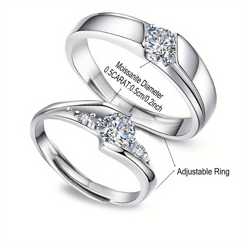 Luxurious Unisex Bohemian Vintage-Inspired Adjustable 925 Sterling Silver Moissanite Couple Rings Set, Each 0.5 Carat, Complete with Gift Box