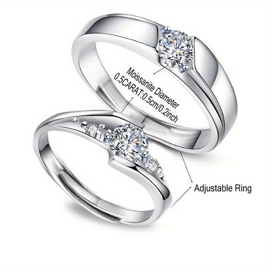 Luxurious Unisex Bohemian Vintage-Inspired Adjustable 925 Sterling Silver Moissanite Couple Rings Set, Each 0.5 Carat, Complete with Gift Box