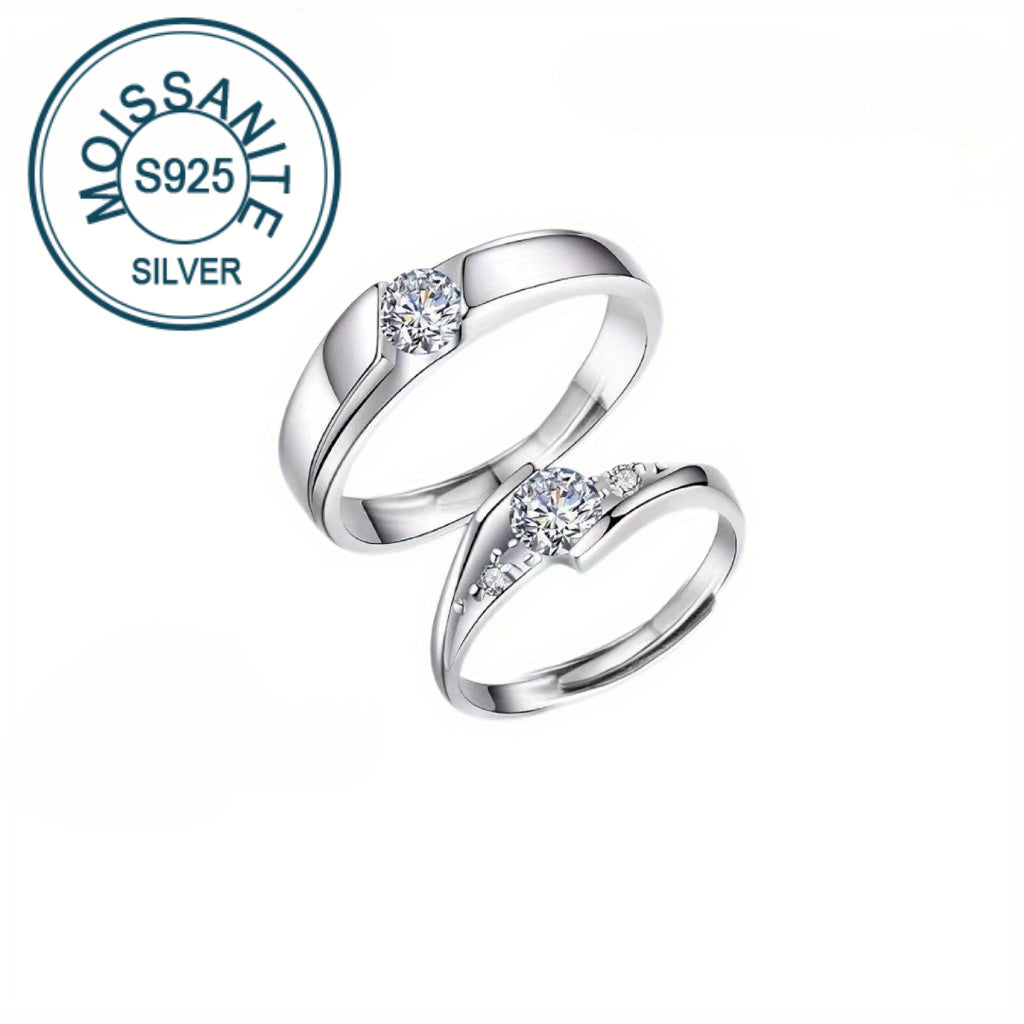 Luxurious Unisex Bohemian Vintage-Inspired Adjustable 925 Sterling Silver Moissanite Couple Rings Set, Each 0.5 Carat, Complete with Gift Box