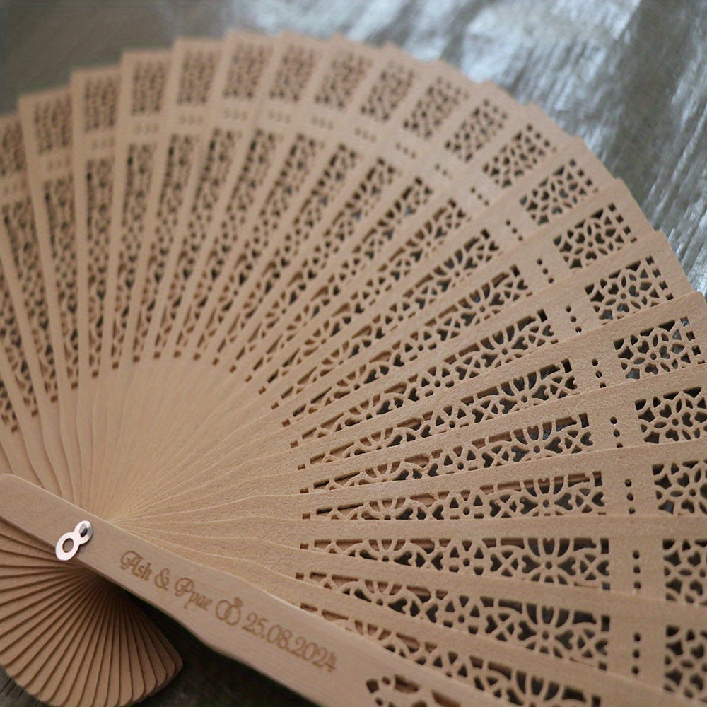 Personalized Carved Wood Wedding Fans, available in sets of 10 or 20, perfect for Wedding Gifts for Guests. Each comes with an organza bag, making it a lovely Bridal fan or Party favor option.