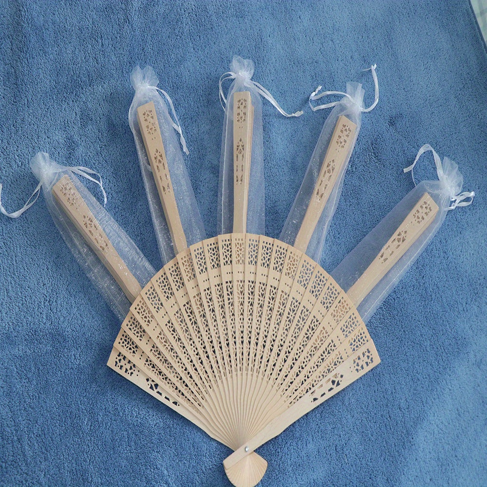 Personalized Carved Wood Wedding Fans, available in sets of 10 or 20, perfect for Wedding Gifts for Guests. Each comes with an organza bag, making it a lovely Bridal fan or Party favor option.