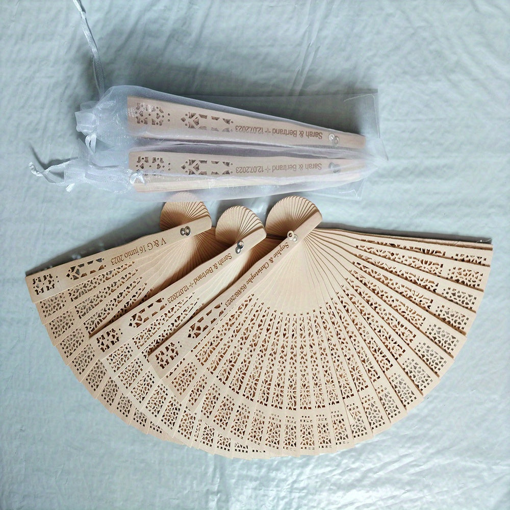 Personalized Carved Wood Wedding Fans, available in sets of 10 or 20, perfect for Wedding Gifts for Guests. Each comes with an organza bag, making it a lovely Bridal fan or Party favor option.