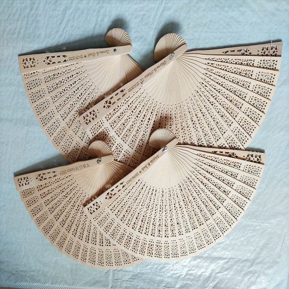 Personalized Carved Wood Wedding Fans, available in sets of 10 or 20, perfect for Wedding Gifts for Guests. Each comes with an organza bag, making it a lovely Bridal fan or Party favor option.