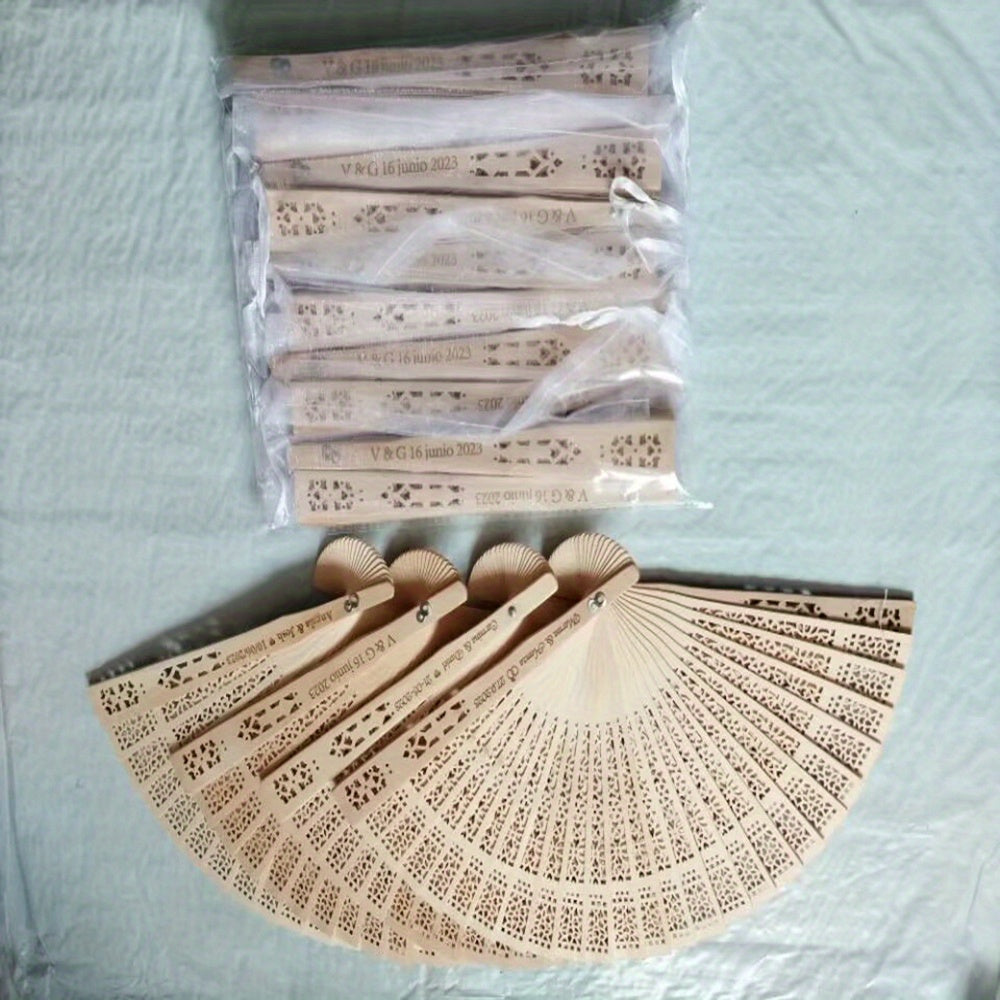 Personalized Carved Wood Wedding Fans, available in sets of 10 or 20, perfect for Wedding Gifts for Guests. Each comes with an organza bag, making it a lovely Bridal fan or Party favor option.