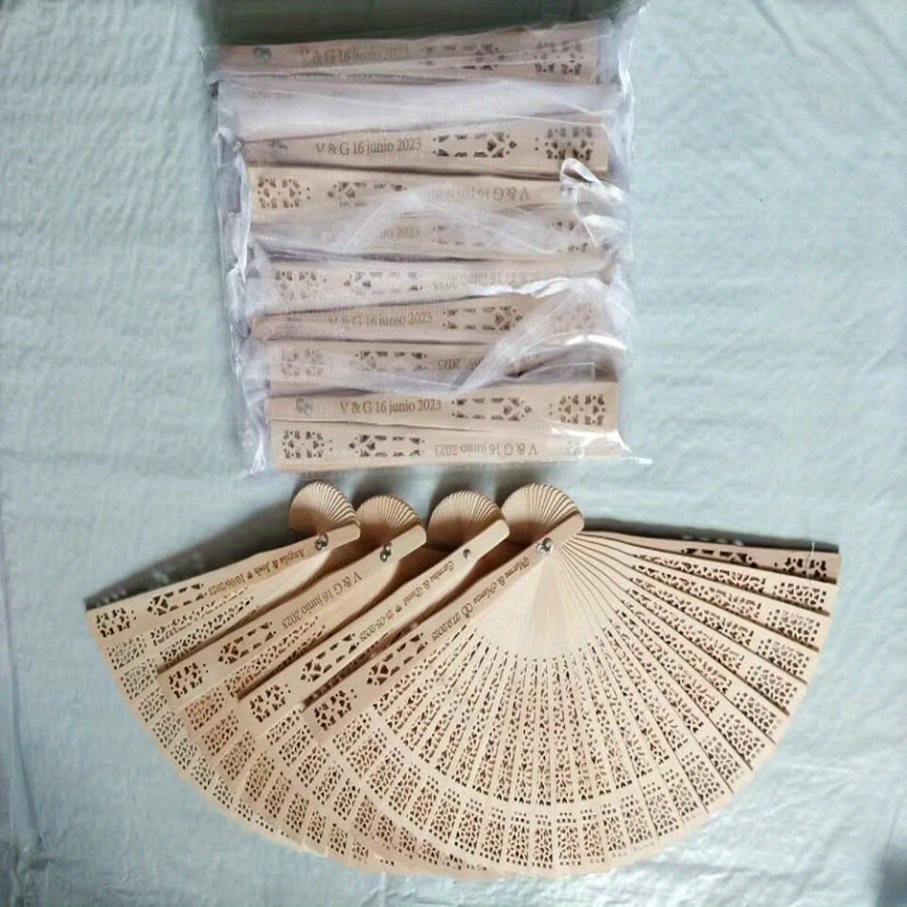 Personalized Carved Wood Wedding Fans, available in sets of 10 or 20, perfect for Wedding Gifts for Guests. Each comes with an organza bag, making it a lovely Bridal fan or Party favor option.