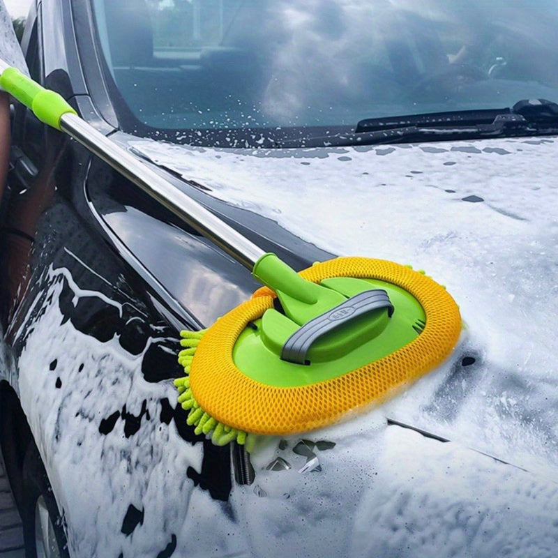 Extendable car wash mop with long handle for easy washing and detailing. Soft and durable chenille microfiber brush in green color.