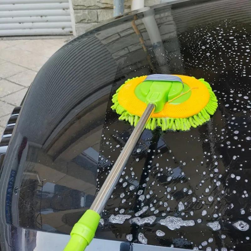 Extendable car wash mop with long handle for easy washing and detailing. Soft and durable chenille microfiber brush in green color.