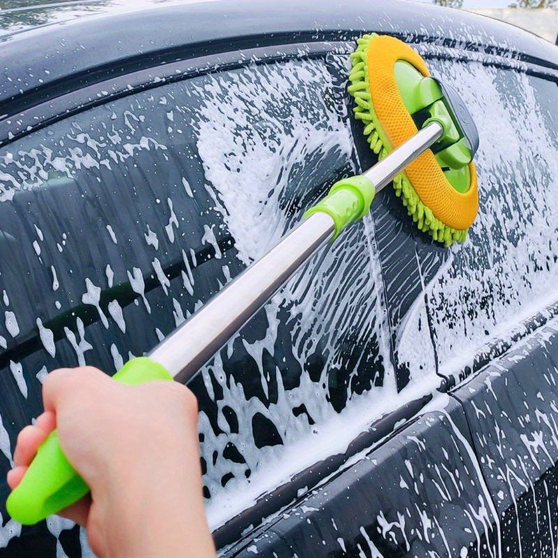 Extendable car wash mop with long handle for easy washing and detailing. Soft and durable chenille microfiber brush in green color.