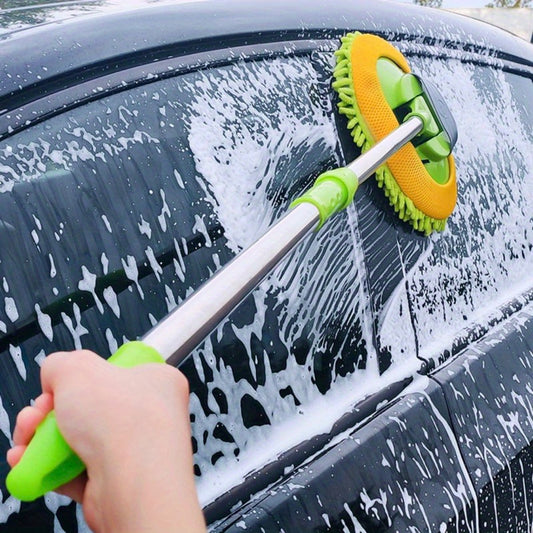 Extendable car wash mop with long handle for easy washing and detailing. Soft and durable chenille microfiber brush in green color.