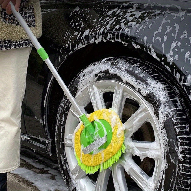 Extendable car wash mop with long handle for easy washing and detailing. Soft and durable chenille microfiber brush in green color.