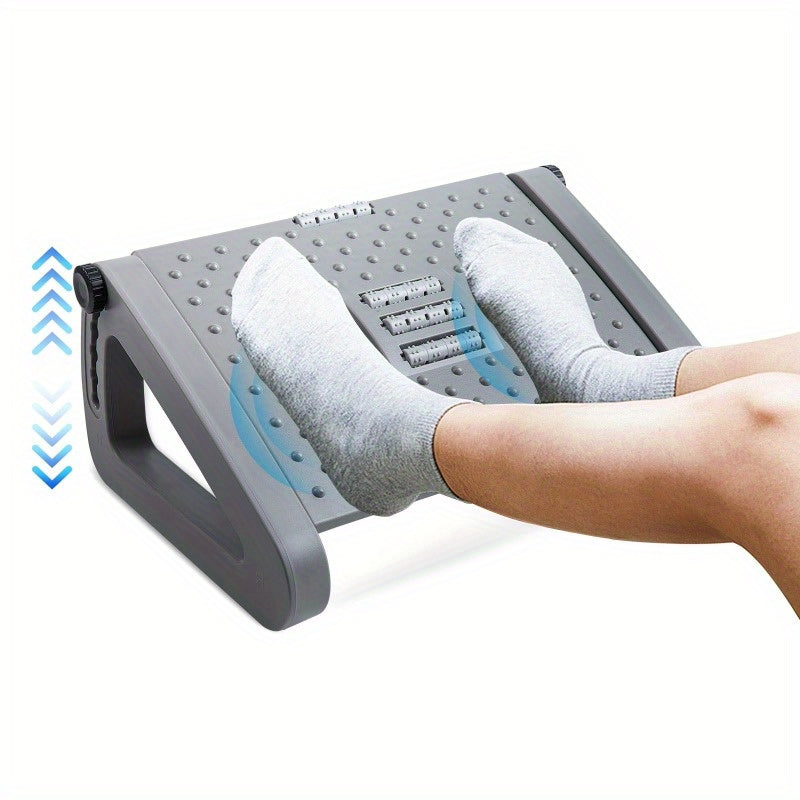 Ergonomic foot rest with roller massage, adjustable height, and non-slip design for office and home use, offering 6 height levels.