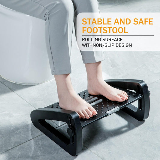 Ergonomic foot rest with roller massage, adjustable height, and non-slip design for office and home use, offering 6 height levels.