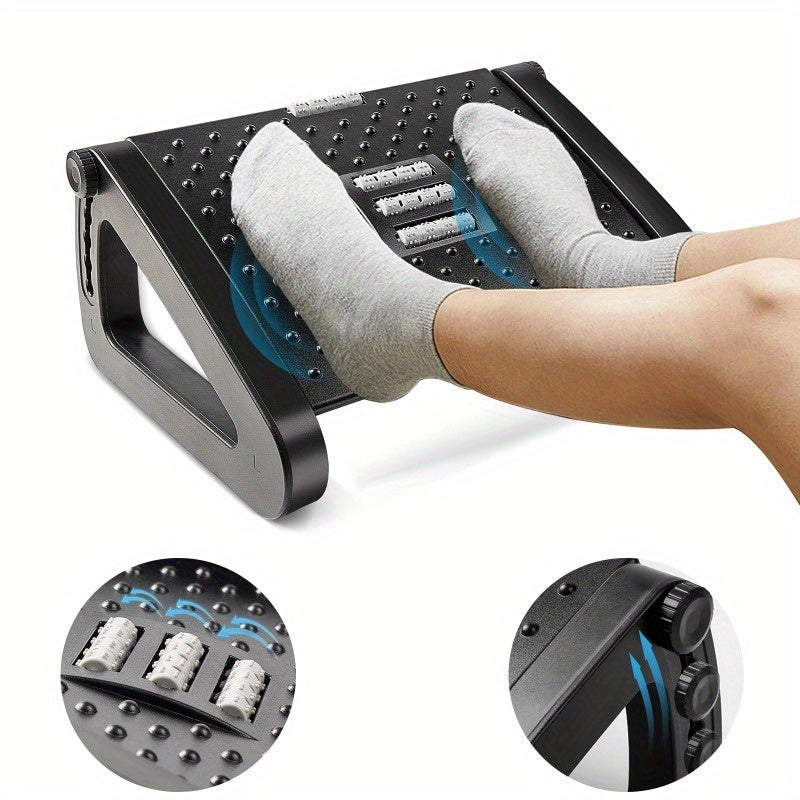 Ergonomic foot rest with roller massage, adjustable height, and non-slip design for office and home use, offering 6 height levels.