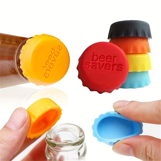 6 reusable silicone bottle caps for sealing beer, wine, and beverages.