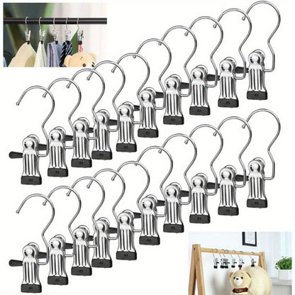 Set of 20 Stainless Steel Laundry Clips with Non-Slip Metal Boot Hangers, Single Coat & Hat Clips. Versatile Travel & Home Hanger Hooks featuring 360 Rotating Hook & Strong Clamp for Towels, Socks, Clothes Pins