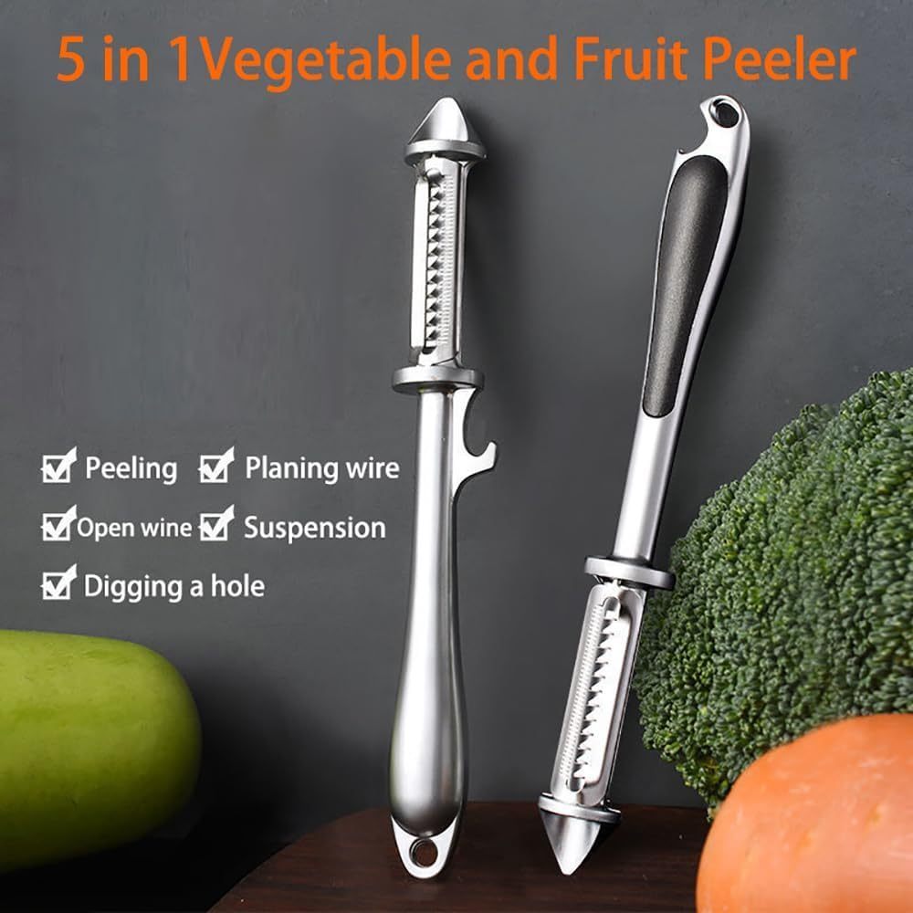 Set of 2 Stainless Steel Peelers - Versatile 5-in-1 Peeler for Vegetables & Fruits with Bottle Opener - Ideal Tool for Peeling Carrots, Zucchini, Cucumbers, Potatoes - Must-Have Kitchen Accessory