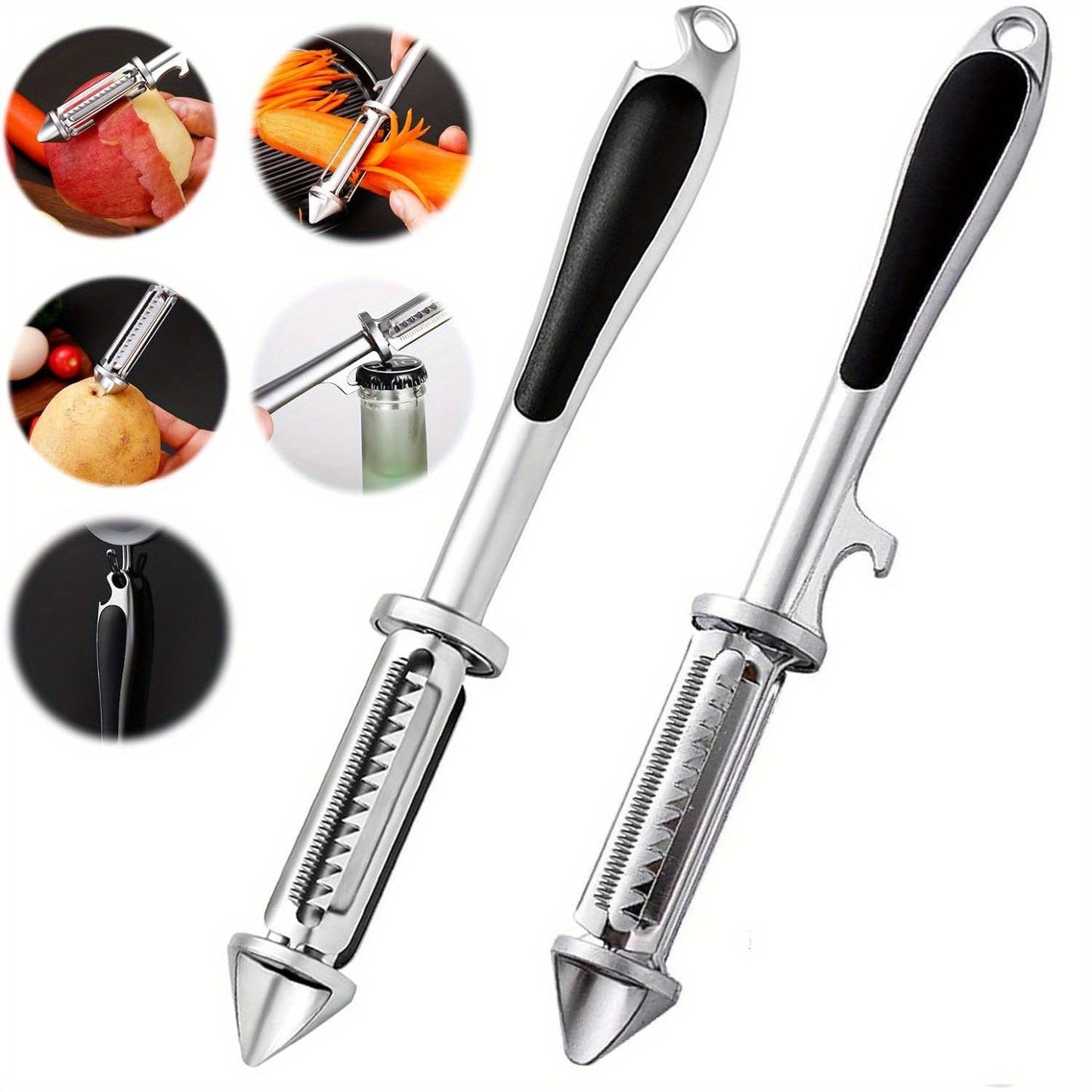 Set of 2 Stainless Steel Peelers - Versatile 5-in-1 Peeler for Vegetables & Fruits with Bottle Opener - Ideal Tool for Peeling Carrots, Zucchini, Cucumbers, Potatoes - Must-Have Kitchen Accessory