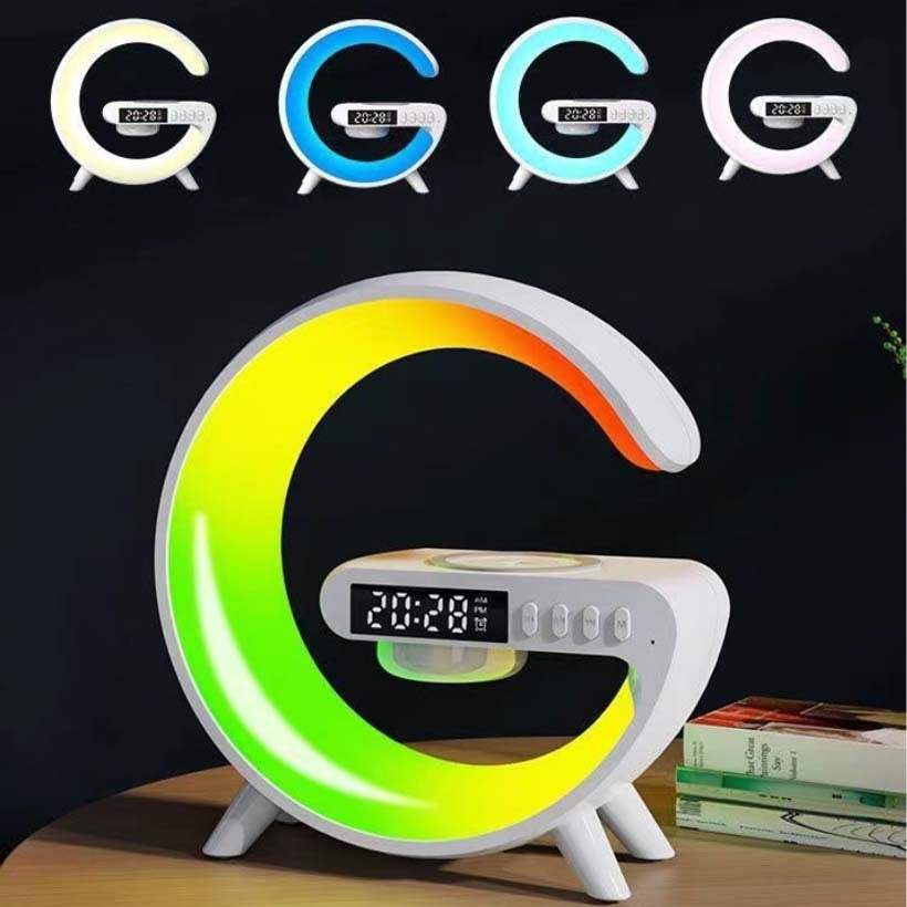 Modern 5-in-1 wireless speaker with LED light, desk lamp, phone holder, alarm clock, and wireless charging. Indoor use, made of plastic. Features button switch and dual power mode. Contains