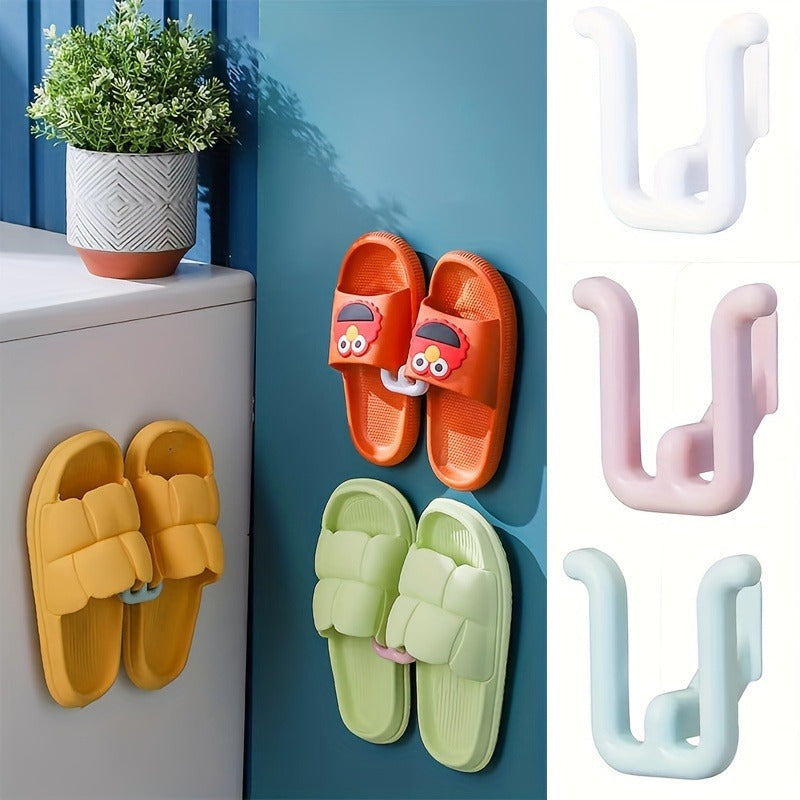 Wall-mounted slipper holder for bathroom, home, or dorm. No electricity required. Saves space.