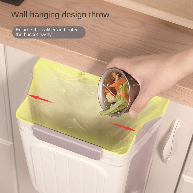 Thickened, foldable kitchen trash can hangs inside cabinet for storage without bending.