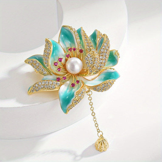 Vintage-style Chinese-inspired plant corsage pin for women, featuring an elegant alloy enamel lotus flower with rhinestone accents, faux pearl center, and tassel detail.