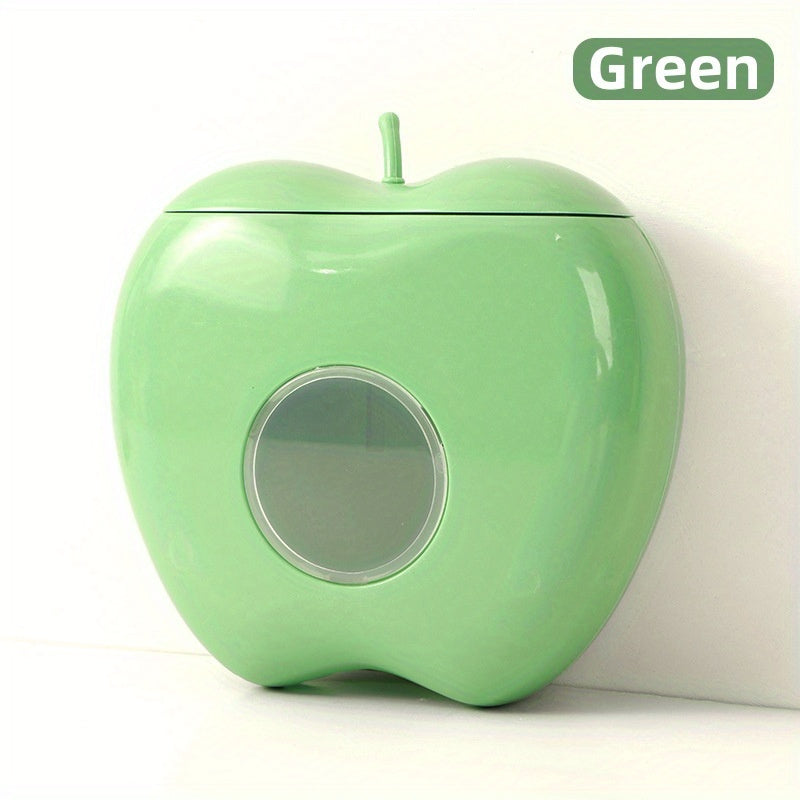 Apple-shaped wall-mounted storage organizer for plastic wrap and food covers. Unique closure, non-waterproof.