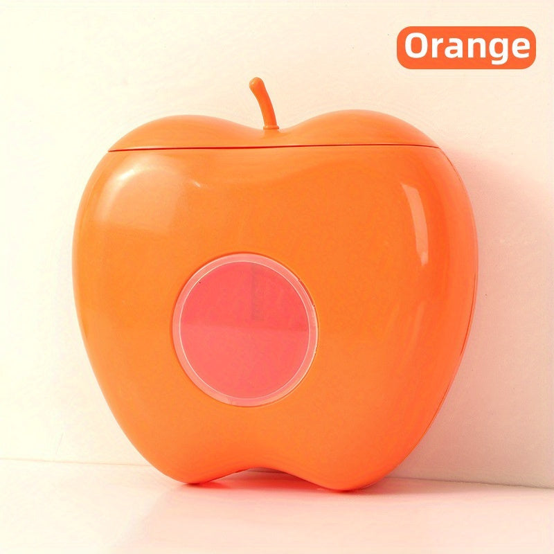 Apple-shaped wall-mounted storage organizer for plastic wrap and food covers. Unique closure, non-waterproof.