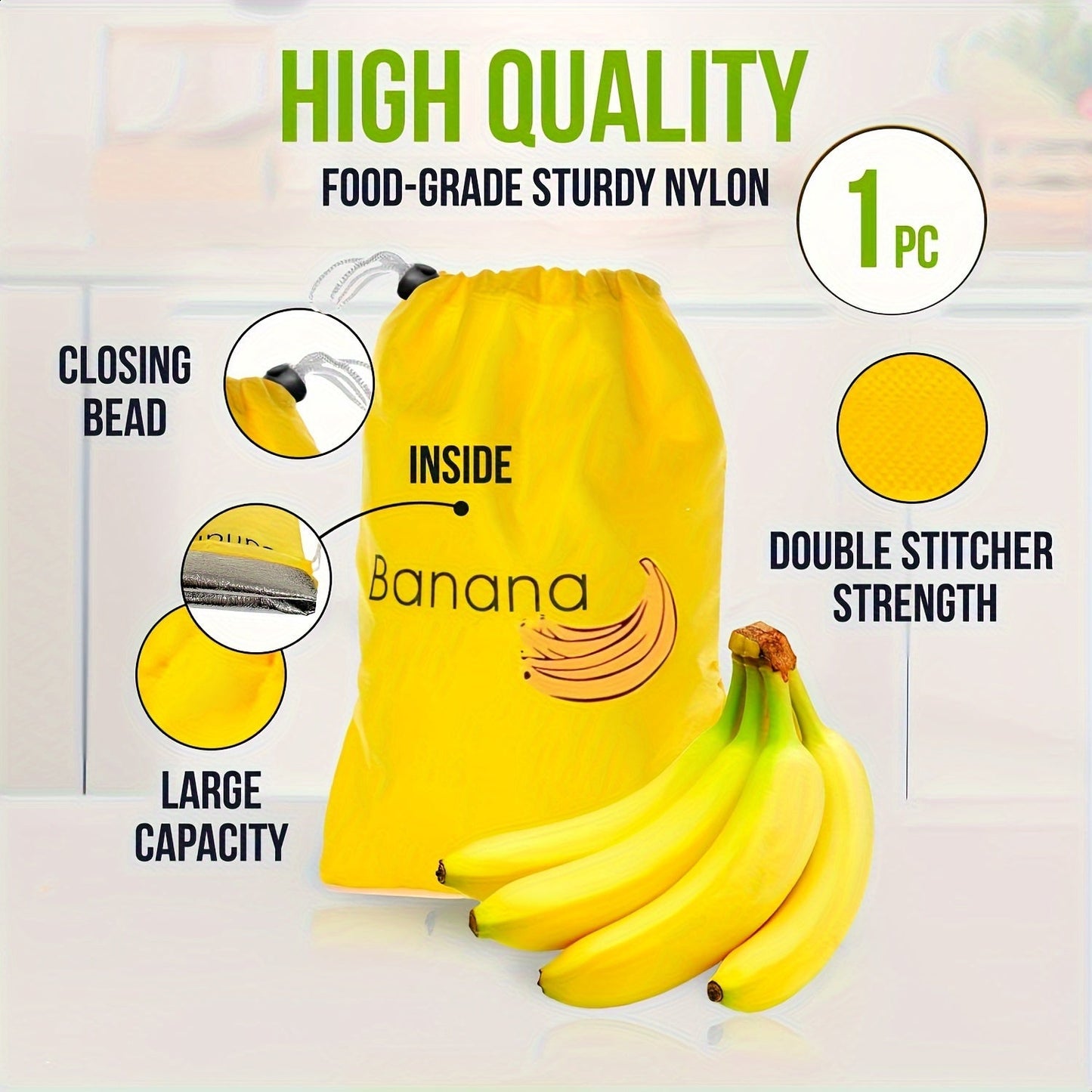 Keep your bananas fresh for a week with this high-capacity storage bag made from food-grade nylon, featuring a durable aluminum closure and double stitching for extra strength.