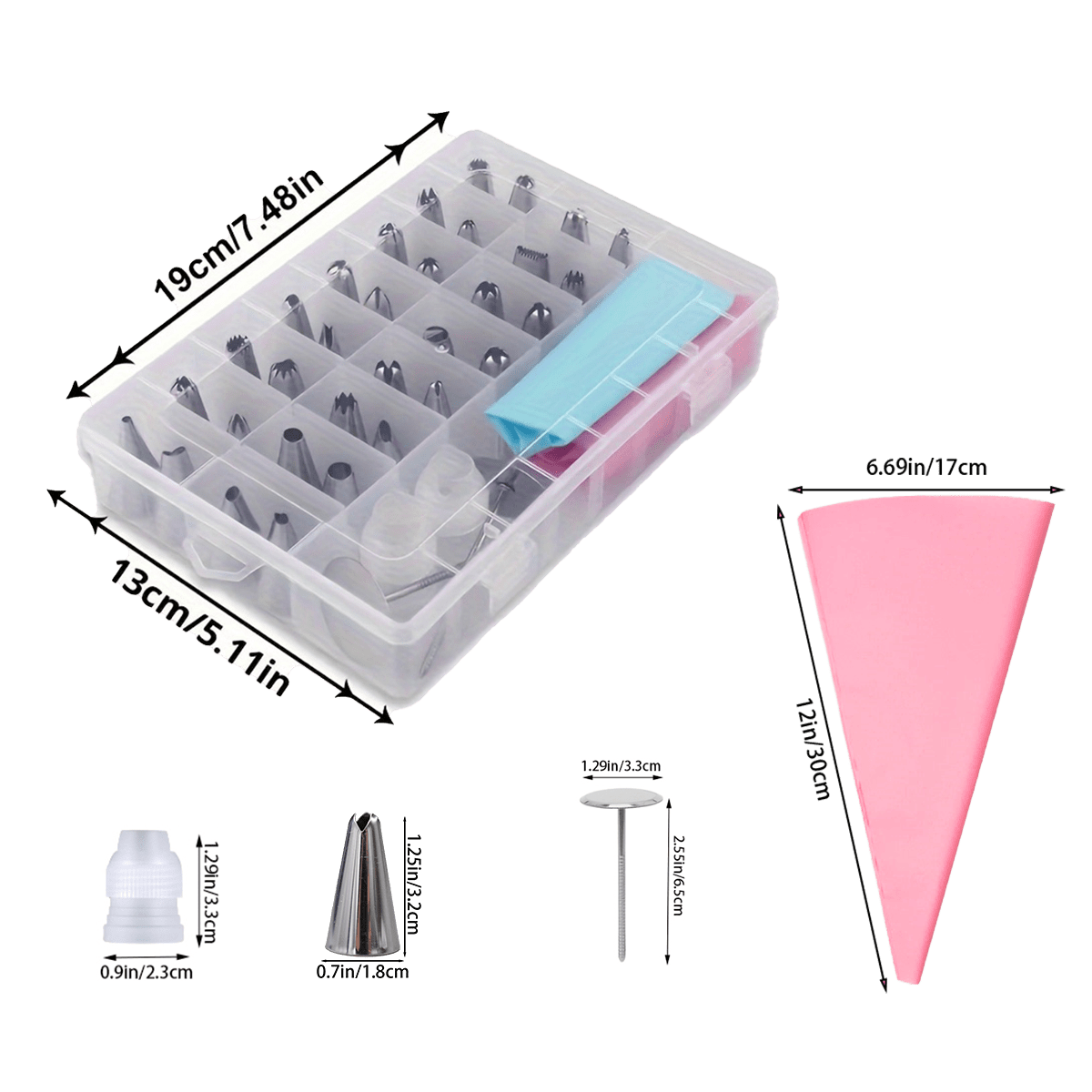 Set of 38 stainless steel icing and piping tips in a storage box - contains 32 icing nozzles, 2 converters, 2 flower nails, and 2 piping bags for cake decorating, cupcakes, baking, and kitchen gadgets.