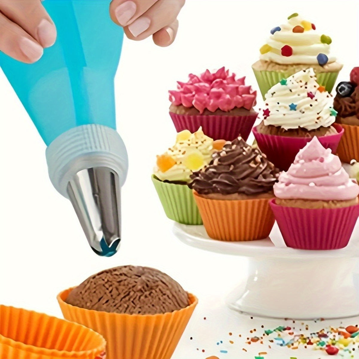 Set of 38 stainless steel icing and piping tips in a storage box - contains 32 icing nozzles, 2 converters, 2 flower nails, and 2 piping bags for cake decorating, cupcakes, baking, and kitchen gadgets.