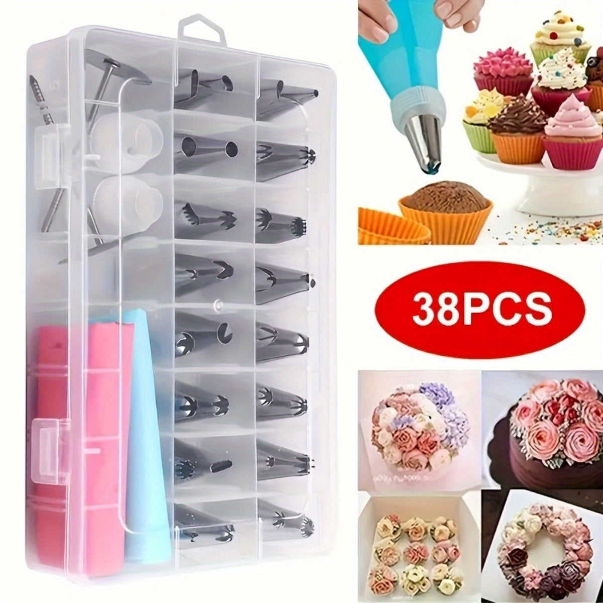 Set of 38 stainless steel icing and piping tips in a storage box - contains 32 icing nozzles, 2 converters, 2 flower nails, and 2 piping bags for cake decorating, cupcakes, baking, and kitchen gadgets.