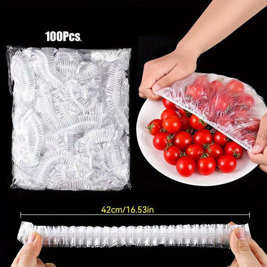 100 pieces of disposable food covers made of plastic wrap with elastic bands - ideal for covering fruits, bowls, and cups to keep them fresh in the kitchen.